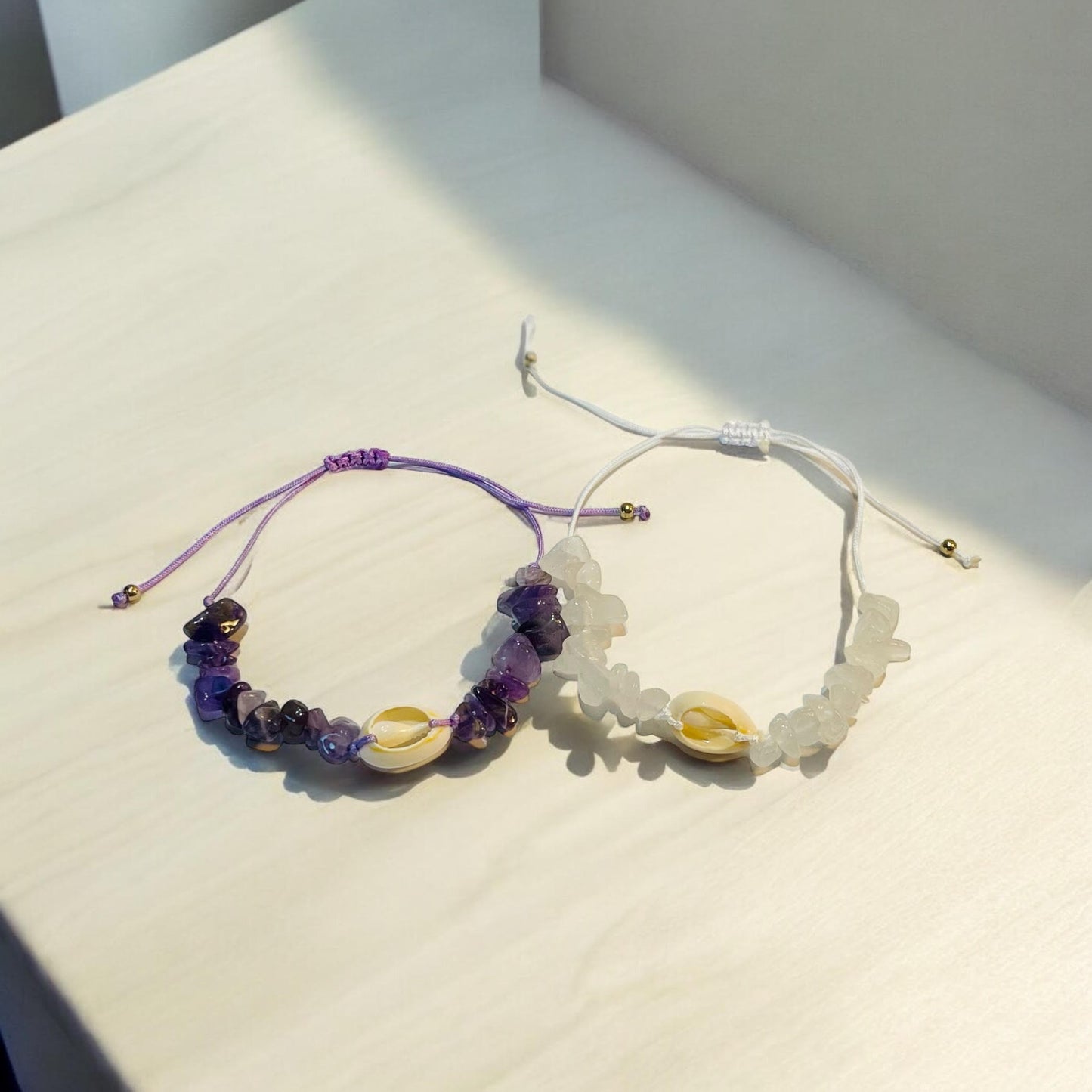 Purple + White Beaded Shell Bracelets