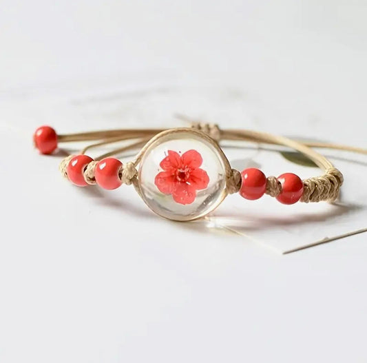 Coral-Red Flower Resin Bracelet